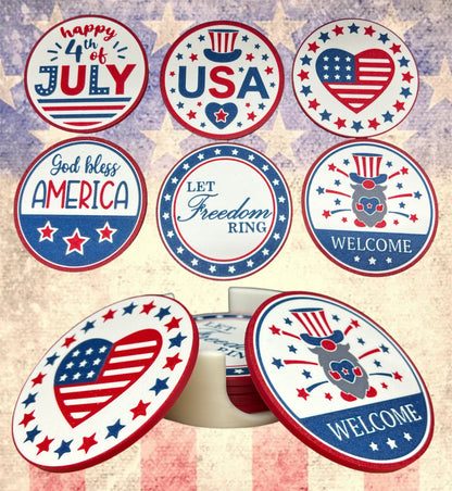 Patriotic 6pc 4th of July Coaster Set ROUND