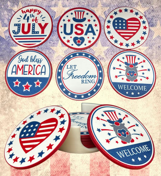 Patriotic 6pc 4th of July Coaster Set ROUND